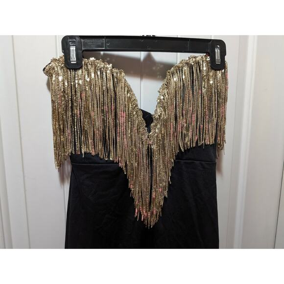 Black Gold Sequin Tassel Tight Fitted Sexy Bodycon Mini Dress Party Club Size S - Picture 10 of 11